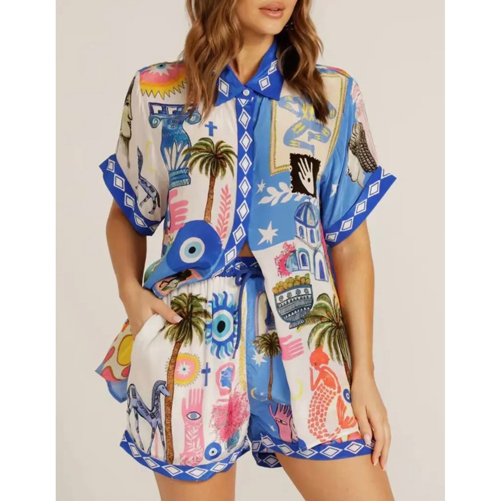 Mediterranean Graphic Print Linen Blend Shirt and Shorts 2 Piece Set Blue L